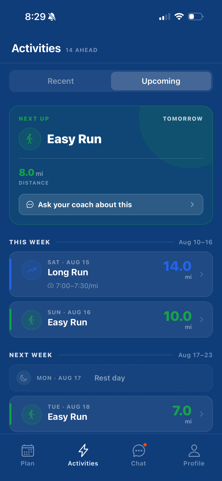 The Split app's Activities tab: the next run up, then every upcoming workout for this week and next.