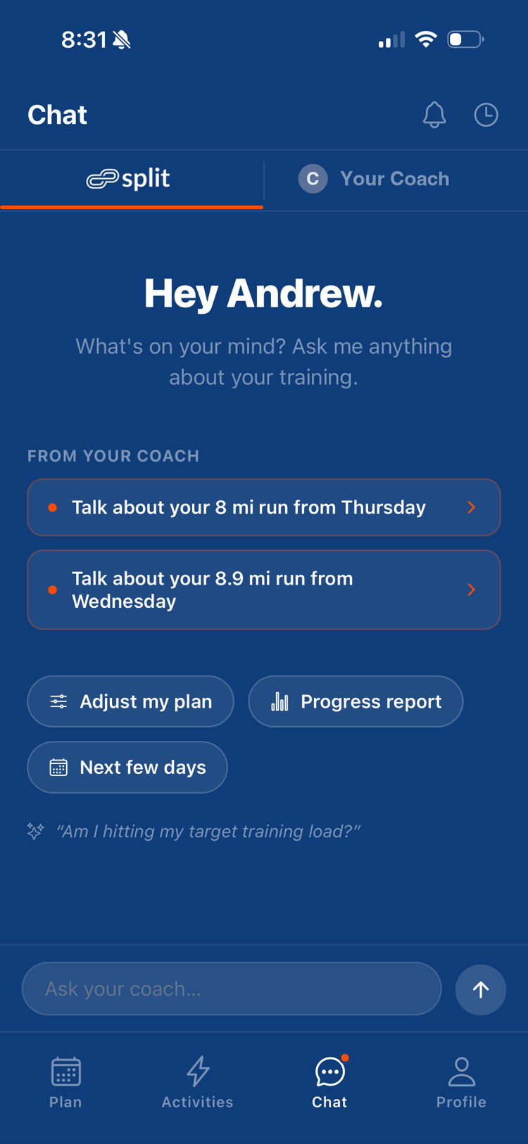 The Split app's Chat tab: prompts to talk through recent runs, adjust the plan, or get a progress report.
