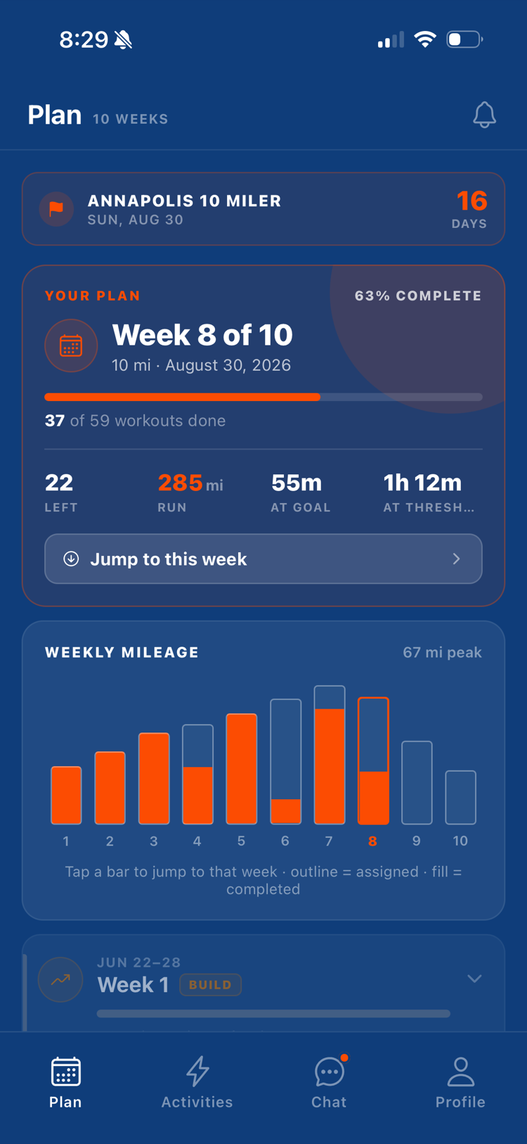 The Split app's Plan tab: a race countdown, week 8 of 10 progress, and a weekly mileage chart of assigned vs completed miles.